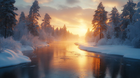 A tranquil winter sunrise over a frozen river surrounded by snow-covered trees in a serene landscape. Generative AIの素材