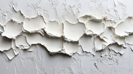 Textured white wall with cracked plaster creating an artistic pattern in natural light during the daytime. Generative AIの素材