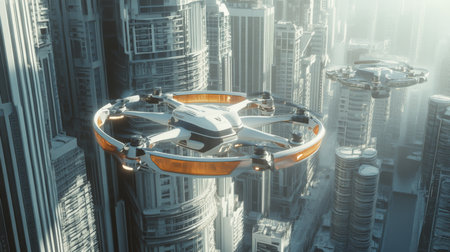 A futuristic drone flies through a dense cityの素材