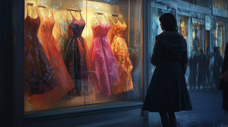 Woman admiring colorful dresses in a boutique window during an evening stroll in the cityの素材
