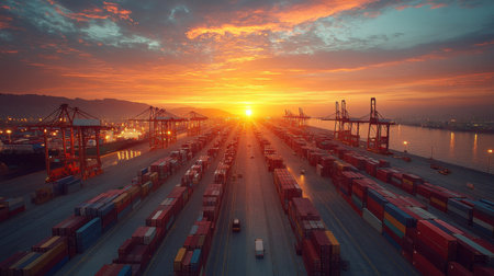 Breathtaking sunset over a busy shipping port with stacked cargo containers and towering cranes along the horizon. Generative AIの素材