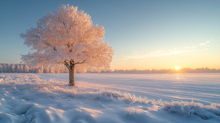 A serene winter landscape featuring a frosted tree at sunrise in a snowy field. Generative AIの素材