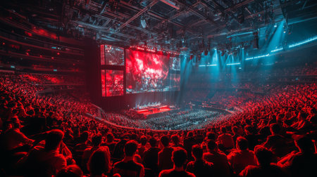 A vibrant concert at a packed arena with dramatic lighting, electric atmosphere, and enthusiastic fans enjoying the performance. Generative AIの素材