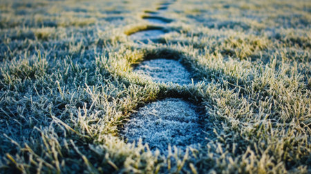 Frost-covered grass trails created by footsteps in a serene morning landscapeの素材