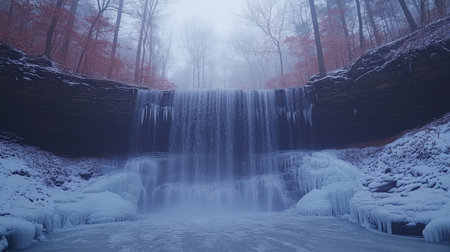 Frozen waterfall cascades in a serene winter landscape surrounded by trees at dawn in a tranquil setting. Generative AIの素材
