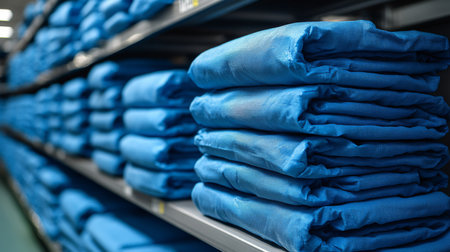 Neatly stacked blue fabric rolls in a well-organized warehouse during daytime storage activities. Generative AIの素材