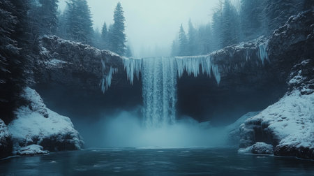 Frozen waterfall surrounded by snow-covered trees in a serene winter landscape at dawn in a remote forest. Generative AIの素材