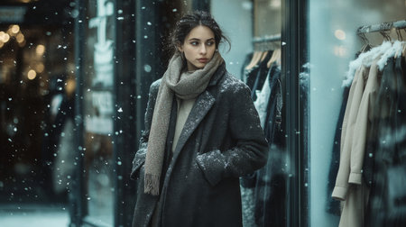Young woman in a winter coat stands by a boutique while snow falls in a lively city streetの素材