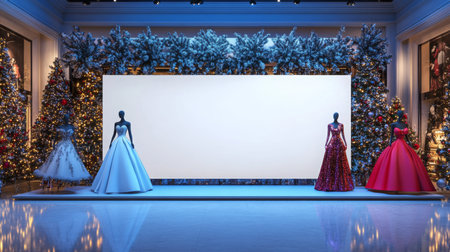Elegant evening gowns displayed in a festive holiday setting with Christmas decorationsの素材