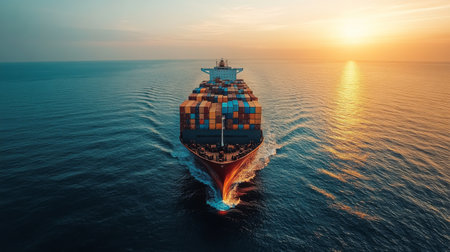 Aerial view of a large cargo ship transporting colorful containers across the calm ocean at sunset. Generative AIの素材
