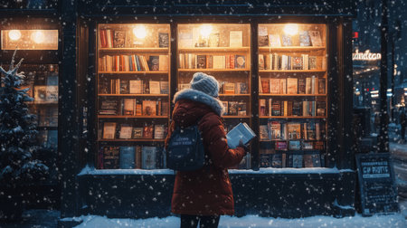 Cozy winter evening at a bookstore with a woman browsing titles in snowfallの素材