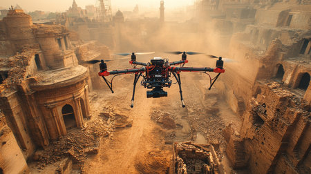 Aerial view of a drone flying over ancient ruins at sunset with a dusty atmosphere in a historic location. Generative AIの素材