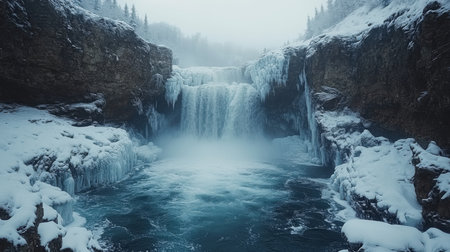 A frozen waterfall surrounded by icy cliffs in a winter landscape with mist rising in the early morning light. Generative AIの素材
