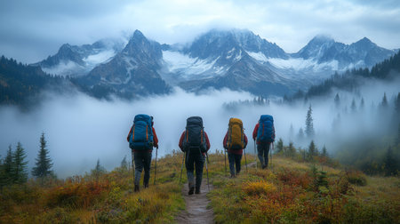 Group of hikers trekking through misty mountains with backpacks at dawn in a serene landscape. Generative AIの素材