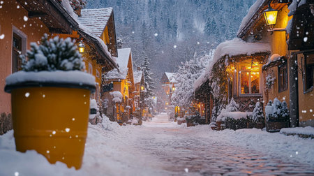Charming winter village covered in snow with glowing warm lights during a serene evening snowfall in a picturesque landscape. Generative AIの素材