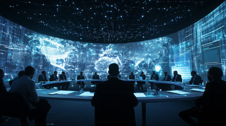 Businesspeople sit around a table in front of a large screen displaying a map of the worldの素材