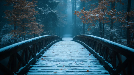 Snow-covered bridge in a tranquil forest during winter, highlighting serene beauty and calm atmosphere at dusk. Generative AIの素材