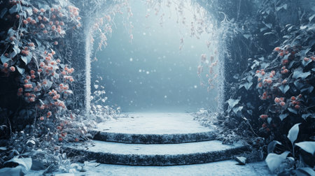 A tranquil winter pathway adorned with blooming flowers in a serene snowy landscapeの素材