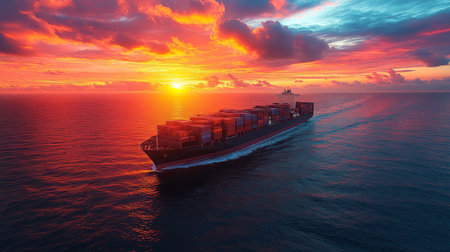 A cargo ship navigates through vibrant sunset waters near the horizon, showcasing an array of colorful clouds in the sky. Generative AIの素材
