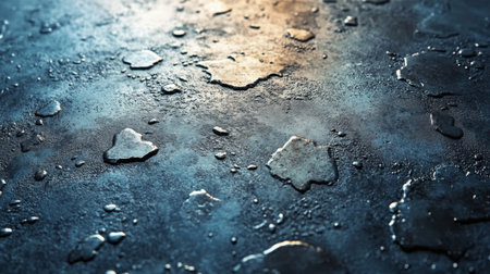 Water droplets creating textures on a metallic surface illuminated by soft light in a dim environment. Generative AIの素材