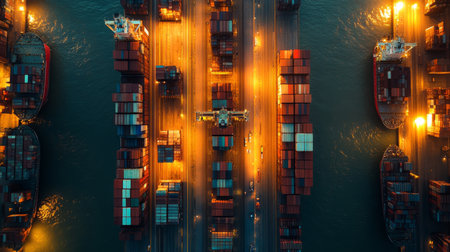 Aerial view of a busy shipping port at twilight with container ships docked and illuminated by warm artificial lights. Generative AIの素材