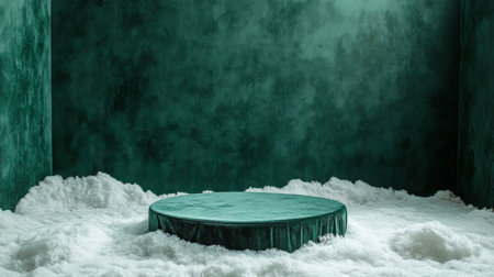 A circular velvet platform surrounded by white soft layers in a green room settingの素材