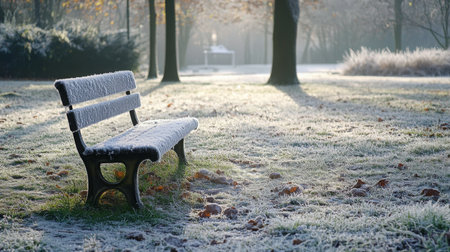 Frost-covered bench in a serene park during early morning light in autumnの素材