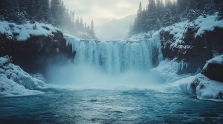 Majestic frozen waterfall cascading into a tranquil river surrounded by snow-covered trees in a wintry landscape. Generative AIの素材