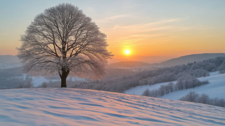 Beautiful winter sunset over a snowy landscape with a lone tree in the foreground, captured in serene tranquility. Generative AIの素材