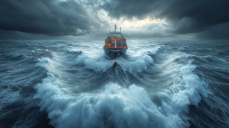 A container ship battles rough seas under a stormy sky during early morning hours off the coast. Generative AIの素材