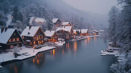 Snow-covered village by the river in winter twilight with cozy lights reflecting on the water around 6 PM. Generative AIの素材