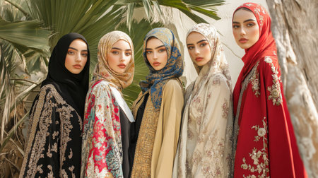 Five women in traditional attire pose elegantly against a lush backdrop during a sunny dayの素材
