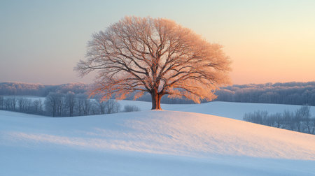 A solitary tree stands majestically on a snow-covered hill at dawn, with sunlight illuminating the frosted branches. Generative AIの素材