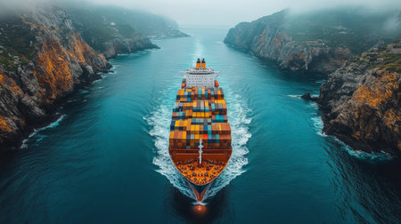 A large cargo ship navigating through a narrow waterway surrounded by cliffs and fog in a coastal region during early morning. Generative AIの素材