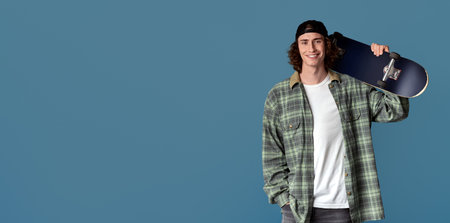 Teenage outdoor activities. Joyful young guy holding skateboard on color background