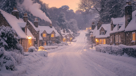 Quiet snow-covered street lined with quaint cottages under a pastel winter sky during twilight. Generative AIの素材