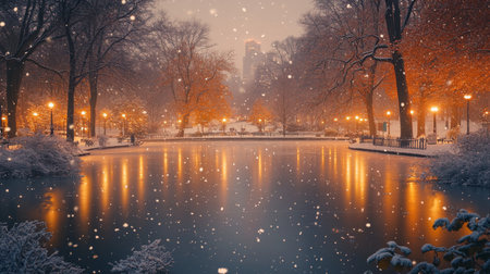 A serene winter evening in a park with falling snow and warm lights reflecting on the lakes surface in the city. Generative AIの素材
