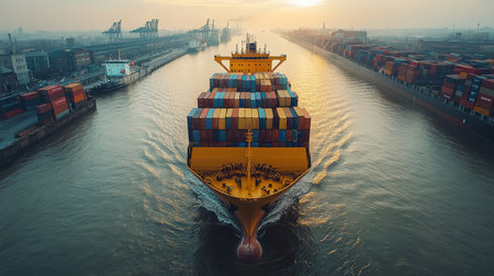 A large cargo ship navigates a busy shipping channel at sunset, surrounded by colorful shipping containers and cranes. Generative AIの素材