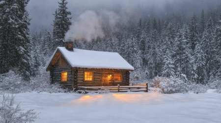 Cozy log cabin surrounded by snow-covered trees with warm light glowing from windows during a winter evening. Generative AIの素材