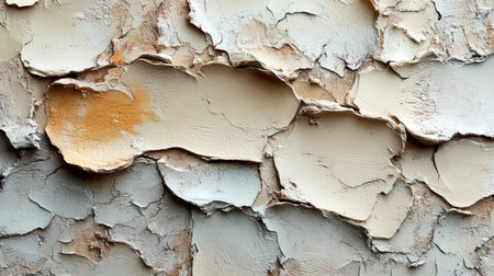 Detailed view of weathered paint peeling off a textured wall, revealing layers of colors and textures in natural light. Generative AIの素材