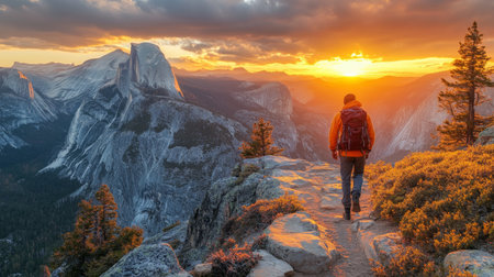 A hiker watches the sunset over Half Dome at Yosemite National Park during a peaceful evening hike in autumn. Generative AIの素材