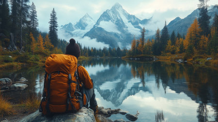 A backpacker enjoys tranquil mountain views by a serene lake surrounded by autumn foliage and towering peaks at dawn. Generative AIの素材