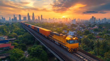 Yellow freight train transporting cargo along elevated tracks at sunset with urban skyline in the background. Generative AIの素材