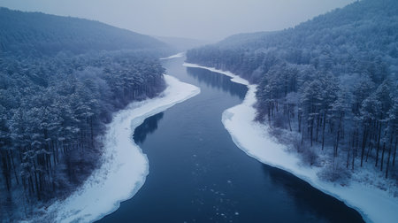 Winter landscape with a winding river surrounded by snow-covered trees in a serene, misty environment during dusk. Generative AIの素材