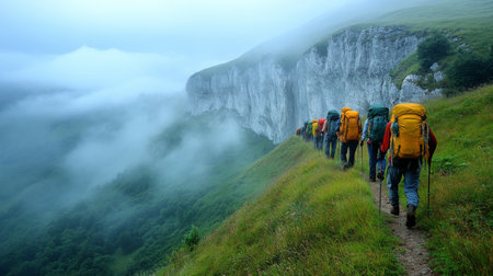 Group of hikers navigating a misty mountain trail during early morning in a lush green landscape. Generative AIの素材