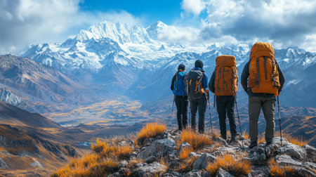 Hikers admire breathtaking mountain range in the Andes during a clear day with stunning snow-capped peaks and expansive valley views. Generative AIの素材