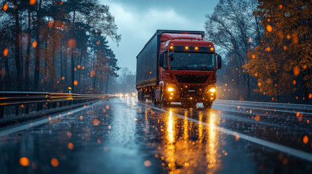 Red truck driving down a rain-soaked highway surrounded by trees in a moody, overcast atmosphere during twilight hours. Generative AIの素材