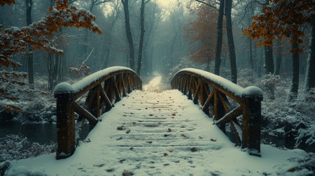 A wooden bridge covered in snow leads into a winter forest with bare trees and soft light in the early morning mist. Generative AIの素材