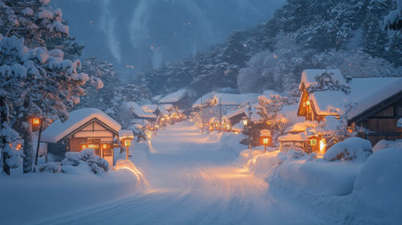 Snow-covered village street illuminated by warm lights during winter evening in a tranquil mountain setting. Generative AIの素材
