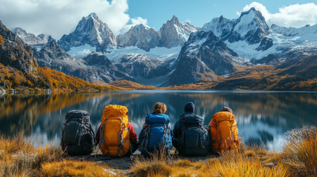 Hikers enjoying a breathtaking view of snow-capped mountains by a tranquil lake during a sunny day in the Andes. Generative AIの素材